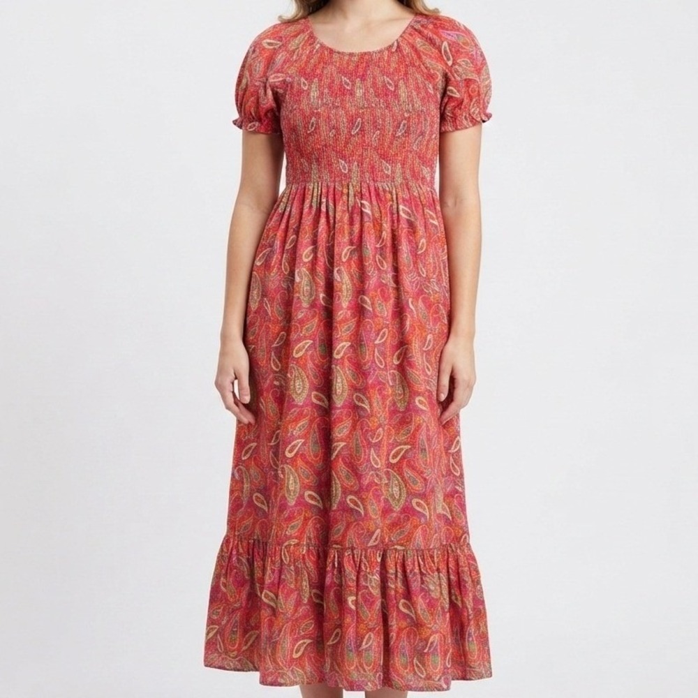 Blueberi Boulevard Maxi Dress Womens L Pink Paisley Smocked Puff Sleeve Boho